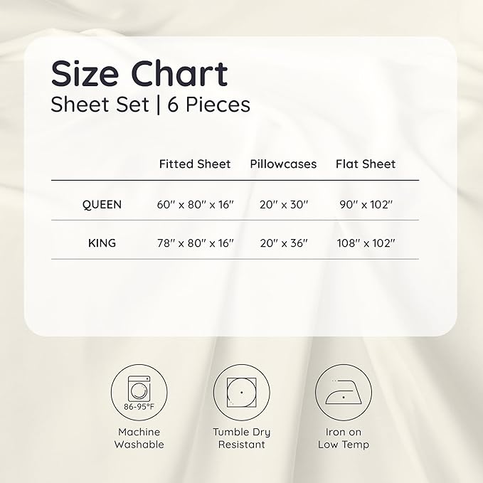 Bambaw Queen Sheet Set 6pcs – 100% Viscose Derived from Bamboo Sheets Queen Size Deep Pocket, Fits Up to 16'' with Elastic Corner Straps, Breathable & Cooling Sheets, Bedding for Night Sweats (Ivory)