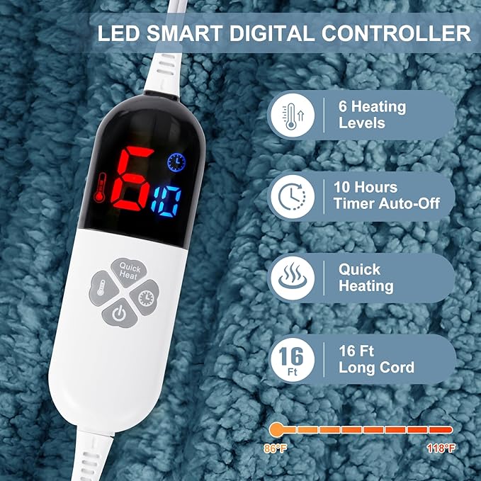 Electric Blanket Full Size 72"X84" Blue - Soft Double Sided Sherpa Heated Blanket Full Size with LED Display, 6 Heating Levels & 10 hrs Timer, Machine Washable & Fast Heating for Women