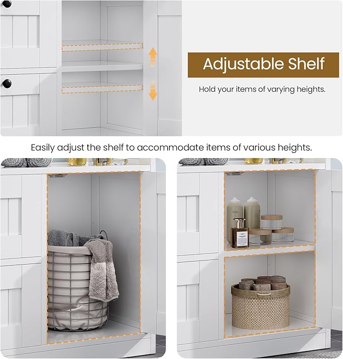 Bathroom Cabinet, Modern Bathroom Floor Storage Cabinet Organizer with 3 Drawers and Adjustable Shelves, Home Furniture for Multifunction in Living Room, Hallway, Kitchen, White