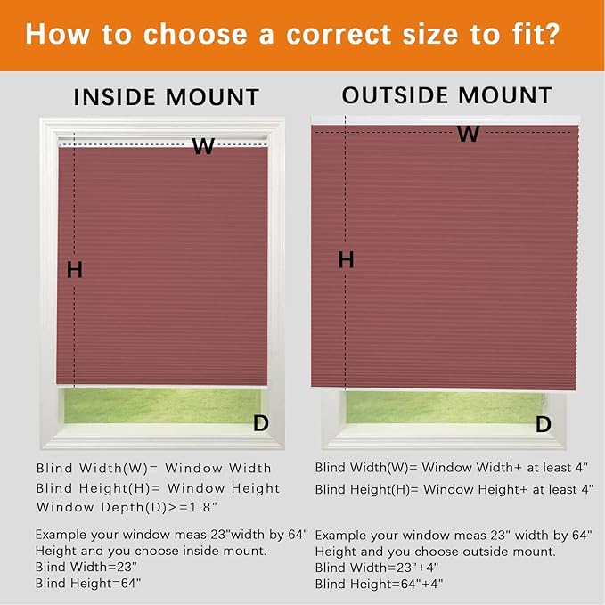 Persilux Custom Size Cordless Cellular Shades Light Filtering Roller Shades UV Protection Honeycomb Shades Pleated Window Shades for Home, Office and Doors Maroon