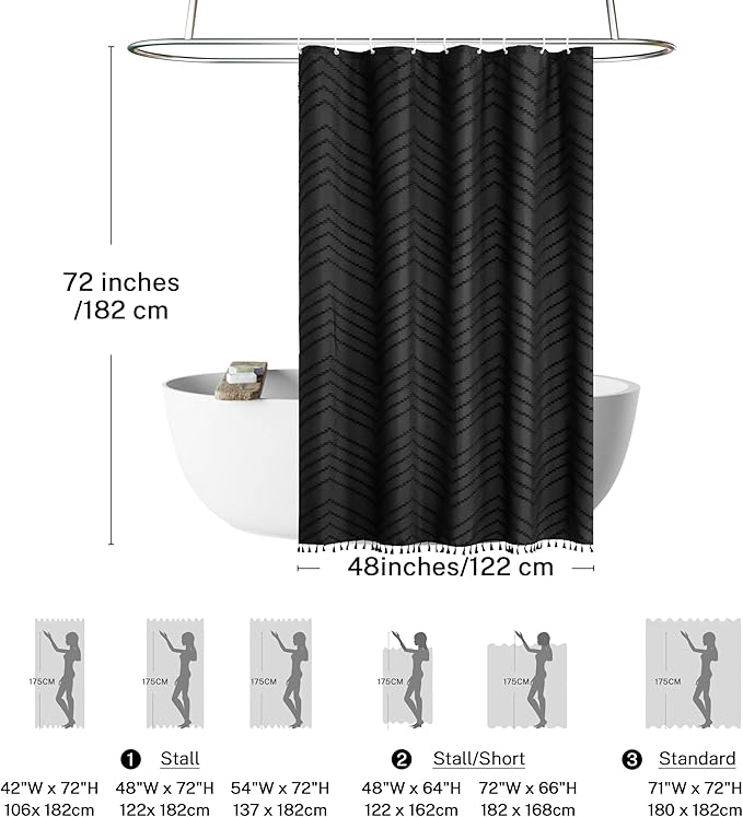 Stall Boho Woven Fabric Shower Curtain 48 x 72 Modern Farmhouse Textured Tufted Chevron Striped Minimalist Black Tassel Bathroom Curtain