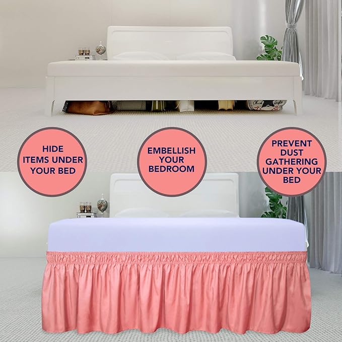 PureFit Wrap Around Ruffled Bed Skirt with Adjustable Elastic Belt - 18 Inch Drop Easy to Put On, Wrinkle Free Bedskirt Dust Ruffles, Bed Frame Cover for Twin,Twin XL and Full Size Beds, Pink