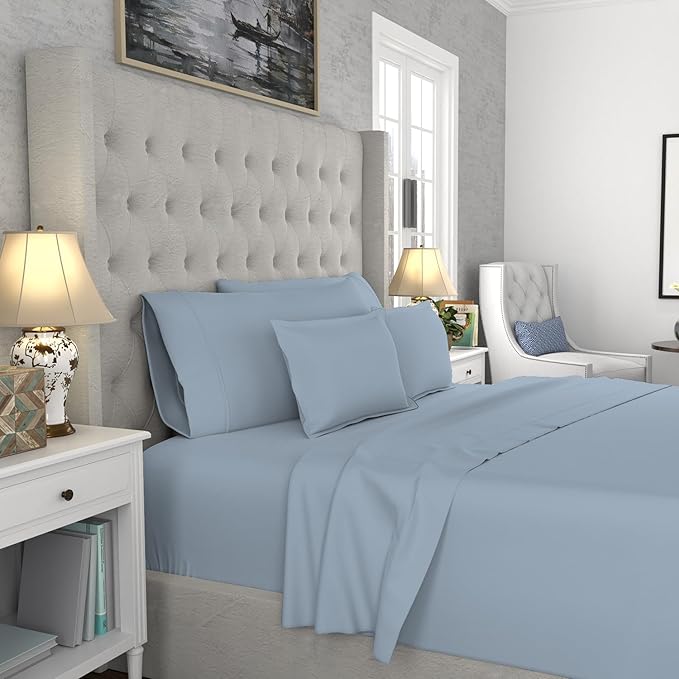 SUPREME ELEGANCE Hotel Luxury Cotton Blend Blue Sheet Set Queen Size, 1200 Thread Count Ultra Soft Sateen Sheet Set, Moisture Wicking & Wrinkle Resistant, Easy Care Fall Bedding Set