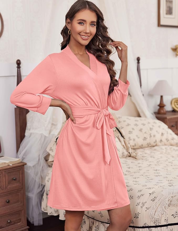 HOTOUCH Womens Robe Lightweight Short Knit Bathrobe Soft Ladies Sleepwear with Pockets