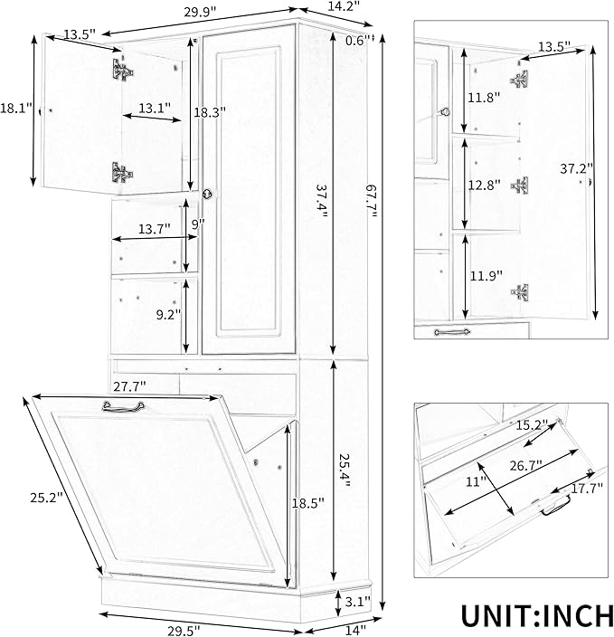 Tall Storage Cabinet with Adjustable Shelves & Flip-Out Basket, MDF Material with Aluminum Alloy Handles, Large Capacity for Bathroom, Kitchen, Living Room, Office Organizer, White