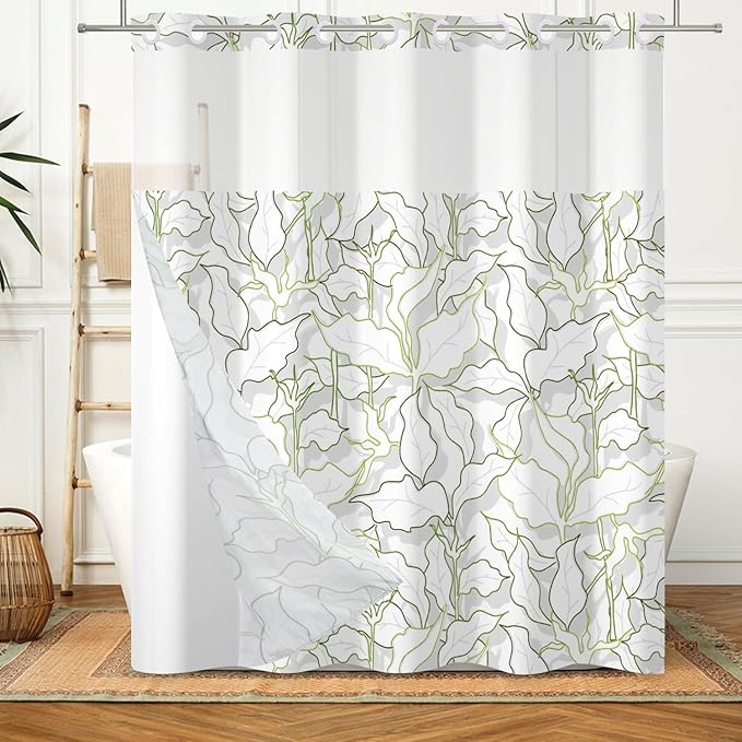 Leaves Shower Curtain No Hooks with Liner for Bathroom Decor,Green Leaves Line Shower Curtain with See Through Top Window,Modern Simple Art Hotel Style,Waterproof Washable,Easy to Install,71x74 Inch