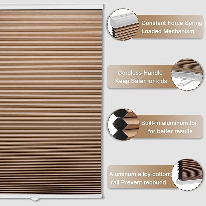 MYshade 1.5-Inch Cellular Cordless Blackout Shades,Thermal Insulating Noise Reducing Waterproof Blinds,Honeycomb Window Treatments for Indoor Light Control (Light Brown-36 W x 72" H)