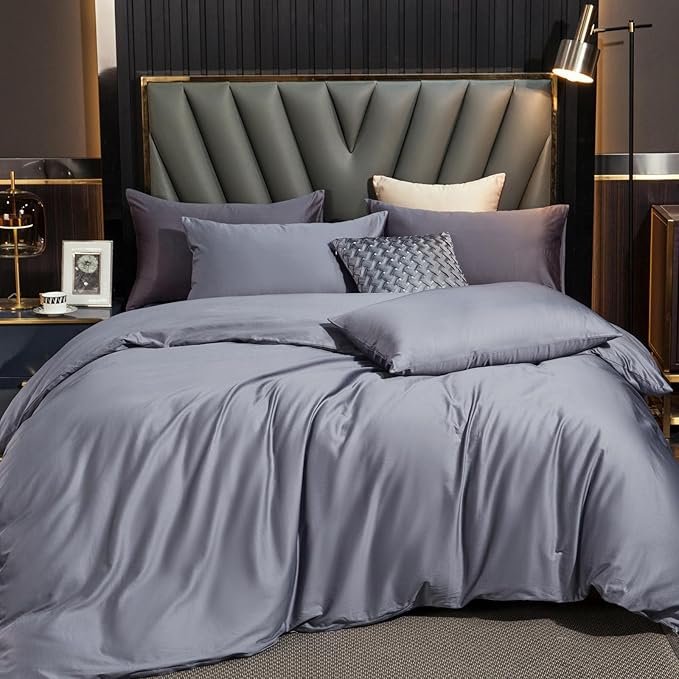 MooMee Duvet Cover Set 100% Extra Long Staple Cotton 600 Thread Count Silky Sateen Smooth Luxury Soft Breathable Durable Hotel Quality Bedding, 3 Pieces (Blueish Grey, King 104"x90")
