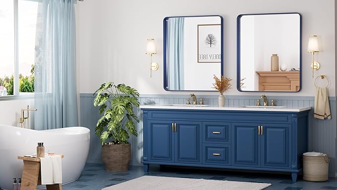 TETOTE 30 x 36 Navy Blue Frame Mirror for Bathroom Metal Frame Wall Mounted Rectangle Mirror for Vanity with Sandy Textured Surface(Horizontal/Vertical)