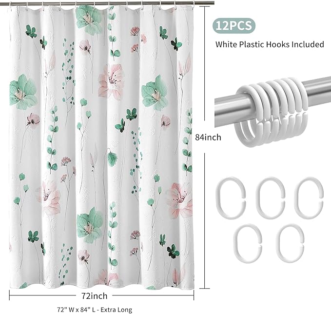 QiyI Extra Long Shower Curtain 72 x 84, Modern Watercolor Floral Bath Curtain, 3D Embossed Texture Sage Green Flower Cloth Bathroom Curtain, Waterproof Fabric Farmhouse Shower Curtain Set with Hooks