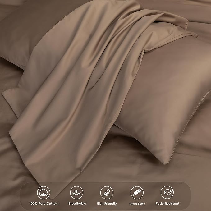 MooMee Duvet Cover Set 100% Extra Long Staple Cotton 600 Thread Count Silky Sateen Smooth Luxury Soft Breathable Durable Hotel Quality Bedding, 3 Pieces (Brown, Full 80"x90")