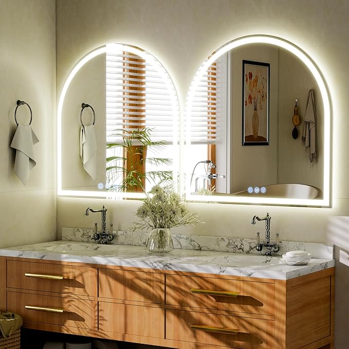 BEAUTYPEAK LED Arch Bathroom Mirrors with Lights, 34x30 Arch Mirror with Metal Frame, Anti-Fog,LED Mirror with Front Light and Backlit, Memory Function for Bathroom, Dressing Room