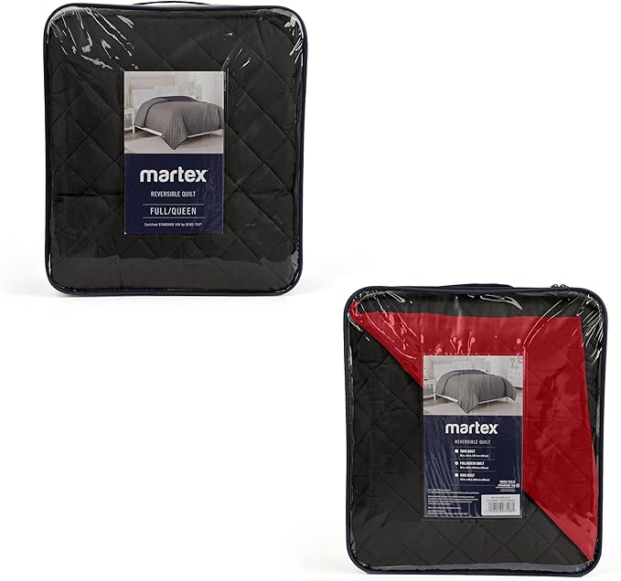 Martex Reversible Coverlet – Full Queen Size Quilt - Lightweight Full Size Bedding– Durable Queen Size Quilts for Bed – Soft - Easy Care Bedding – Ebony/Red