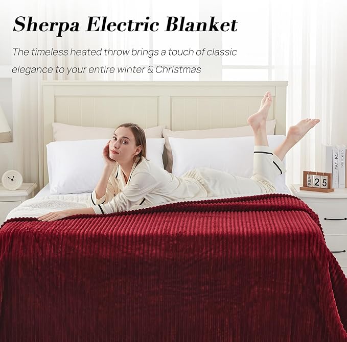 Westinghouse Electric Blanket Twin, Soft Ribbed Flannel to Sherpa Heated Blanket with 10 Heating Levels & 1-12 Hours Auto Shut Off, Fast Heating & Machine Washable, 62x84 Inch, Red