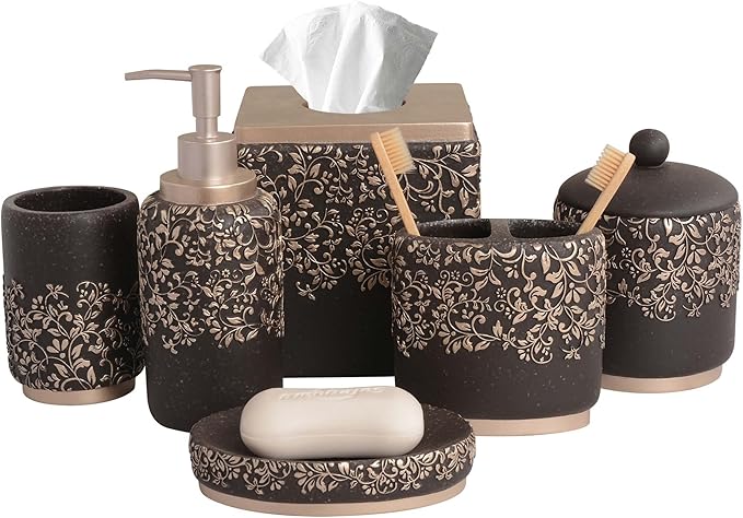 Decozen Bathroom Accessories Set 6Pcs – Soap Dispenser, Toothbrush Holder, Tumbler, Soap Dish & Cotton Swab Jar – Modern Bathroom Decor, Bath Set for Christmas Decor, Stella