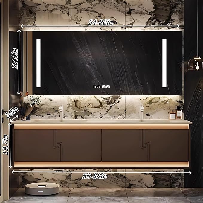 68IN Bathroom Vanity Set with Sink, Smart Defogging Vanity Mirror with 2 Light Strips | with Motion Sensing Light Strips, Bathroom Double Vanities with Sink Includes 2 Drawers (Mirror Cabinet)
