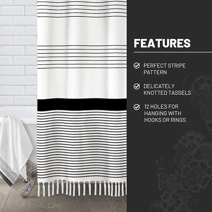 Awellife Black Boho Stripe Shower Curtain for Bathroom with Tassel 72 X 72 Farmhouse Cotton