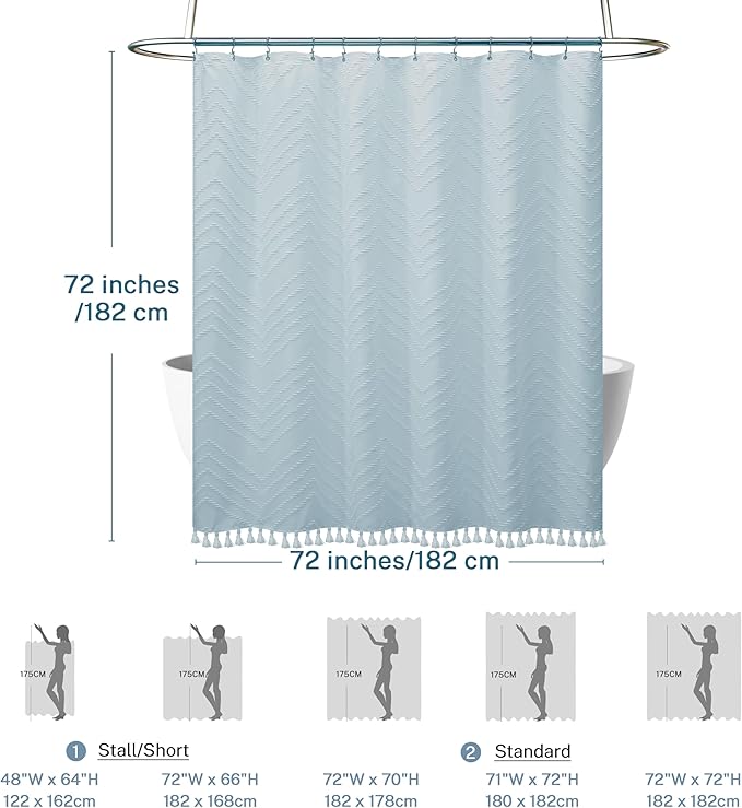 Boho Fog Blue Shower Curtain Woven Fabric Cute Shower Curtain, 72 x 72 Tufted Chevron Textured Striped Modern Farmhouse Minimalist for Bathroom