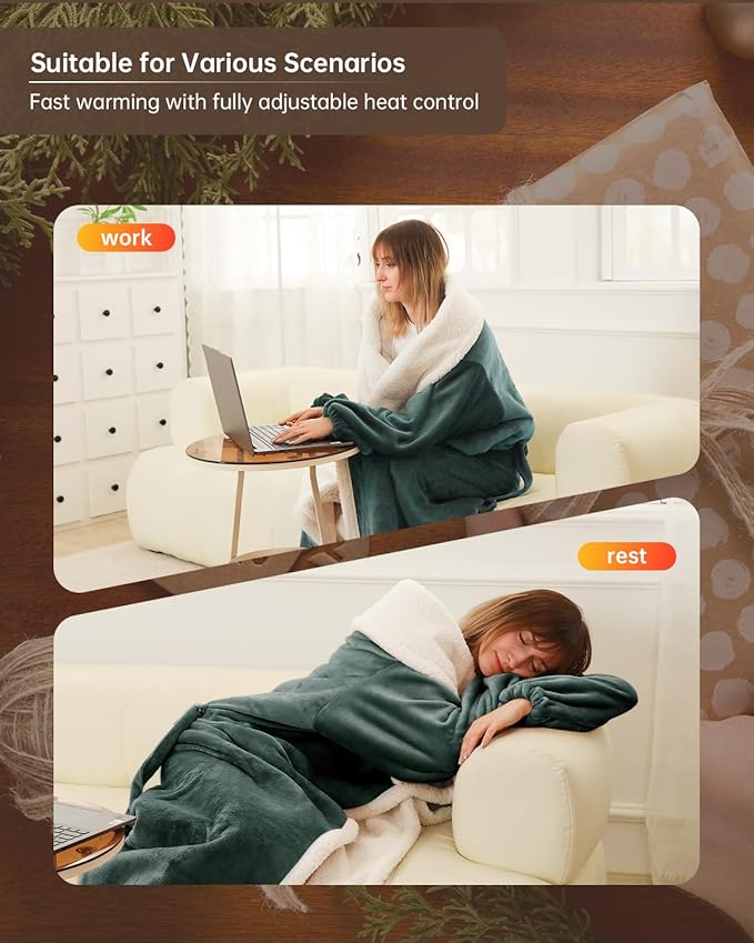 Electric Heated Blanket Throw Size with Foot Pockets & Sleeves, Wearable Washable Blanket Warmer for Home & Office, Cozy Soft Flannel 50" x 70", 9 Heat Levels, 1-9H Auto-Off, ETL Certified, Grey