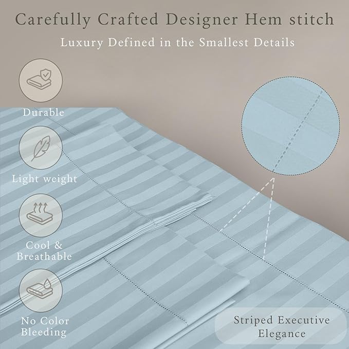 Threadmill 500 Thread Count King Size Damask Stripe, 4 Pc Luxury Cotton Bed Sheet Set, Breathable Light Blue Sheets with 16" Elasticized Deep Pocket, 2 Pillowcases & Free Tote Bag