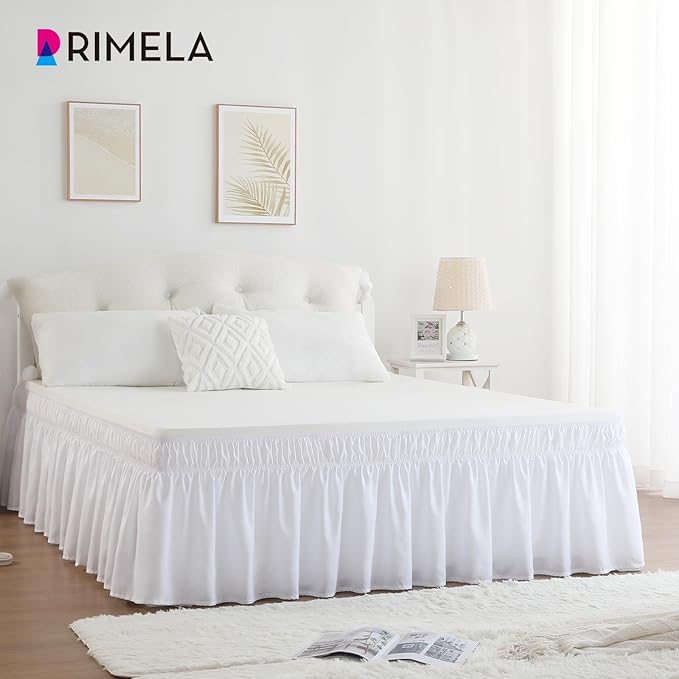 RIMELA White Bed Skirt King Size 18 Inch Drop, Elastic Bed Skirting for Bed Base and Frame, Bedding Dust Ruffle Easy to Install, Lightweight Wrap Around Adjustable Bedskirt