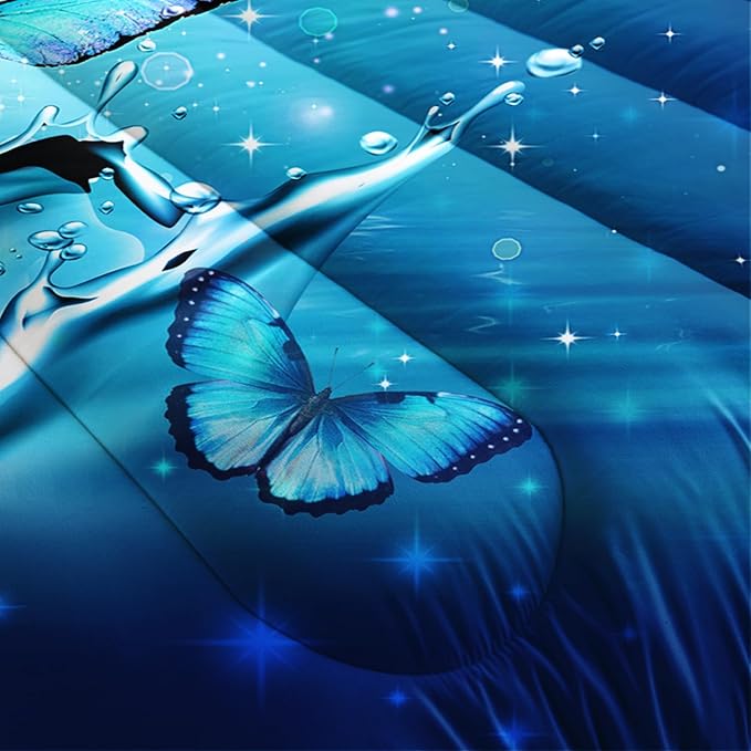 Fantasy Blue Butterfly Comforter Set Twin Size,Butterflies on Water Flash Bedding Sets 3 Pieces,Blue Series Aesthetic Bedding for Kids Girls Boys Room Decor with 2 Pillowcases.