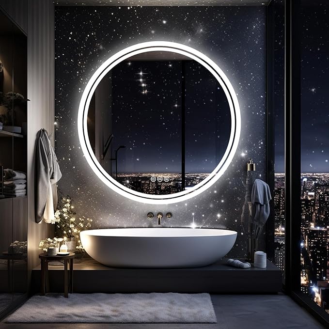 LUVODI Lighted LED Bathroom Mirror: 24”Round Wall Mounted Large Lighted Makeup Mirror with Bright Back Lit - Illuminated Dimmable 3 Colors Vanity Mirrors with Demister Pad Smart Touch Switch