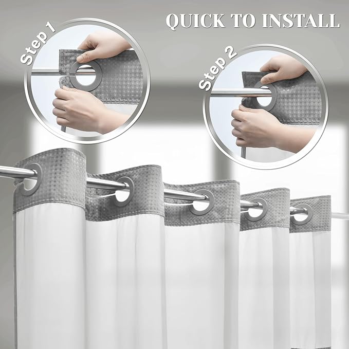 No Hook Shower Curtain with Snap in Liner Set Waffle Shower Curtain for Bathroom Hotel Style Fabric Waterproof Inner Liner，71" W x 74" H, Grey