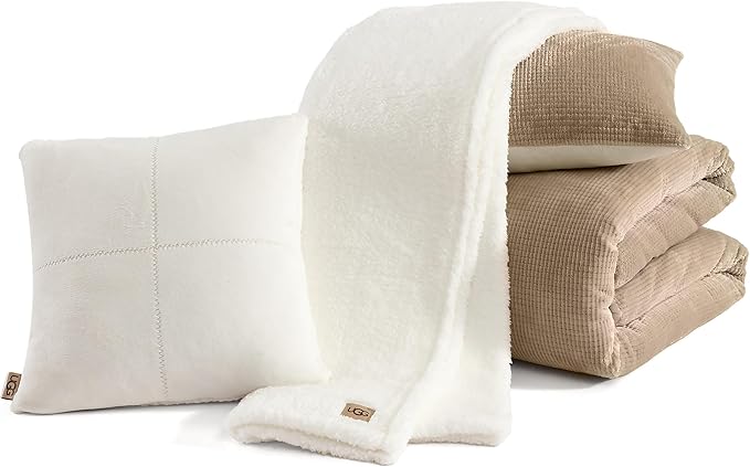 UGG Twin Comforter Set 4 Piece Bed in a Bag with Throw Blanket, Decorative Pillow Sham and Reversible Comforter Hypoallergenic Washable College Dorm Bedding, Twin XL, Brown Birch (Remina)
