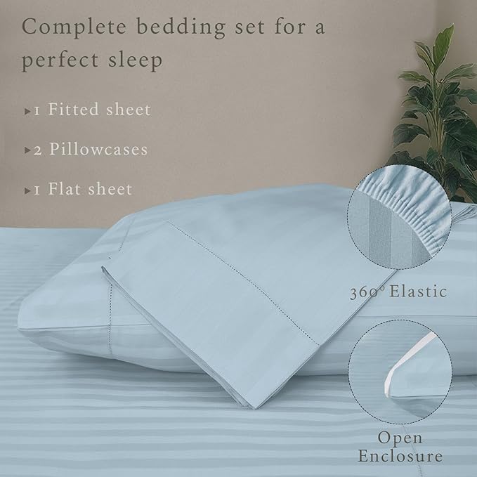 Threadmill 500 Thread Count Queen Size Damask Stripe, 4 Pc Luxury Cotton Bedding Set, Silky Smooth Light Blue Sheets with 16" Elasticized Deep Pocket, 2 Pillowcases & Free Tote Bag