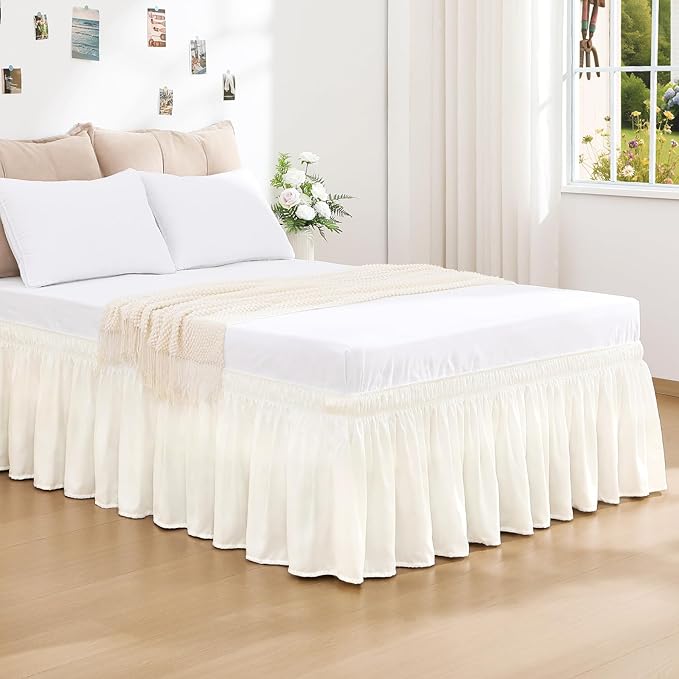 RIMELA Cream White Bed Skirt Queen Size 15 Inch Drop, Wrap Around Elastic Bedskirt, Dust Ruffle for Adjustable Bed Base Machine Washable Easy to Install Bed Skirts