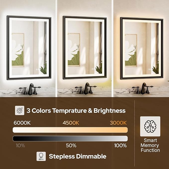 20 x 28 Black Bathroom LED Mirror – Frontlit & Backlit Vanity Mirror with Antifog & Shatter Proof Tempered Glass, Aluminium Frame Bathroom Mirror, Comes with 3 Colour Lights Option