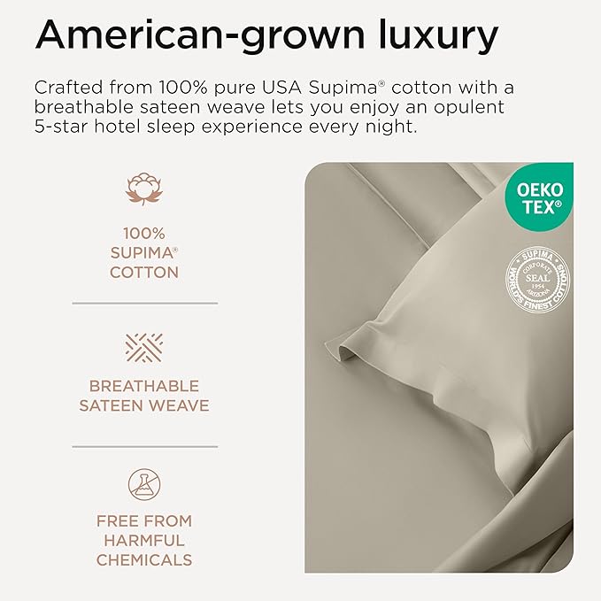 Threadmill Full Size Sheets | 600 Thread Count Bed Sheets Set with 16” Deep Pocket for Full Size Mattress | Sateen Weave 4-Piece Bedding Set with Cooling Effect | Taupe