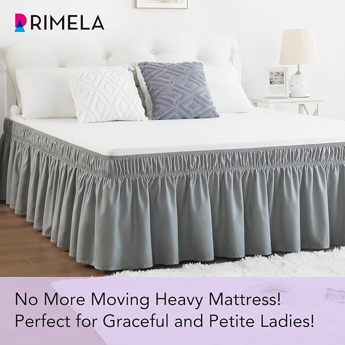 RIMELA Gray Queen Bed Skirt 12 Inch Drop,Elastic Bed Skirts Queen Size Dust Ruffle, Light Grey Bedskirt for Adjustable Bed Base Solid Fade Resistant Silky Fabric Machine Washable Easy to Install