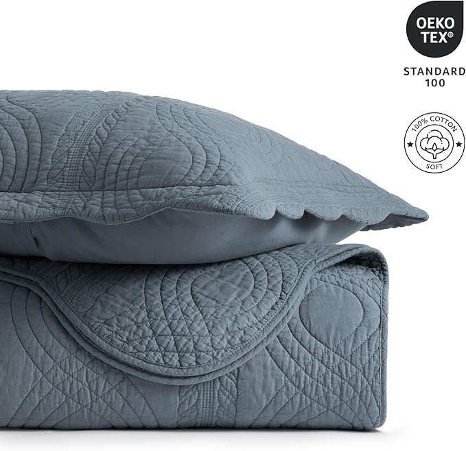 EVERGRACEHOME 100% Cotton Scallop Quilt Set, King Size 3 Piece Set – Lightweight Bedspread with 2 Shams, Soft Prewashed Matelasse Coverlet for Cozy and Elegant Bedding, Stormy Blue