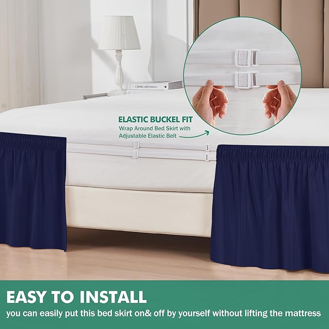 Biscaynebay Wrap Around Bed Skirts with Split Corners for King Beds 17" Drop, Navy Elastic Dust Ruffles Easy Fit Wrinkle & Fade Resistant Silky Luxurious Fabric Solid Machine Washable