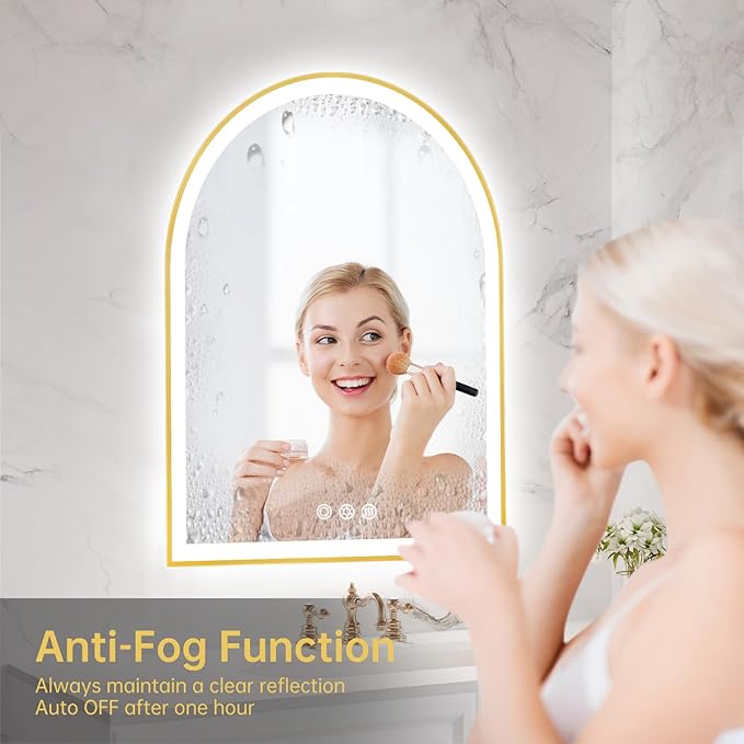 Arched LED Mirror for Bathroom 24"x30", Brushed Gold Lighted Bathroom Mirror with Lights, Fogless, Dimmable, Shatterproof, Touch Sensor, 3 Color Changing