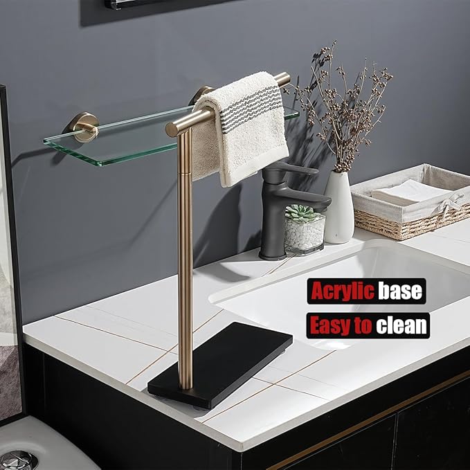 JQK Hand Towel Holder Stand Champagne Bronze, Modern Tree Rack Free Standing for Countertop with 12 Inch Bar, 304 Stainless Steel Thicken 0.8mm, HTT170-CB