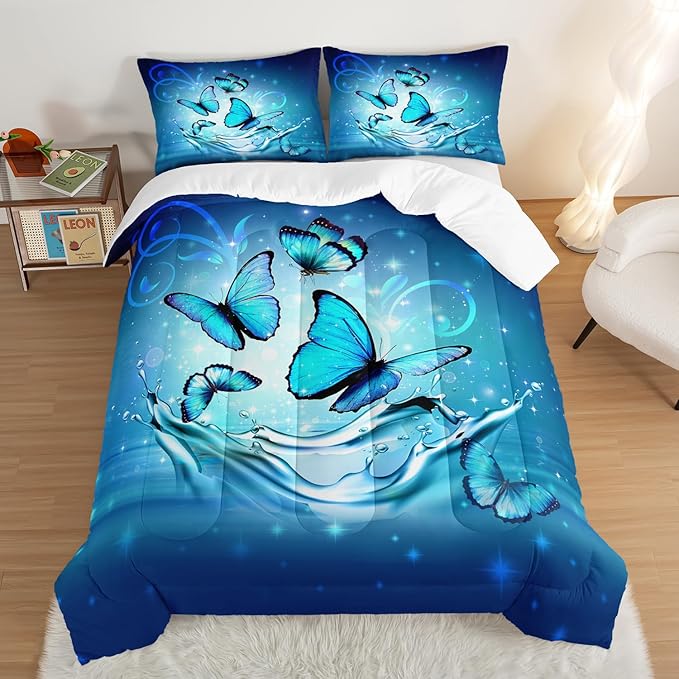 Fantasy Blue Butterfly Comforter Set Twin Size,Butterflies on Water Flash Bedding Sets 3 Pieces,Blue Series Aesthetic Bedding for Kids Girls Boys Room Decor with 2 Pillowcases.
