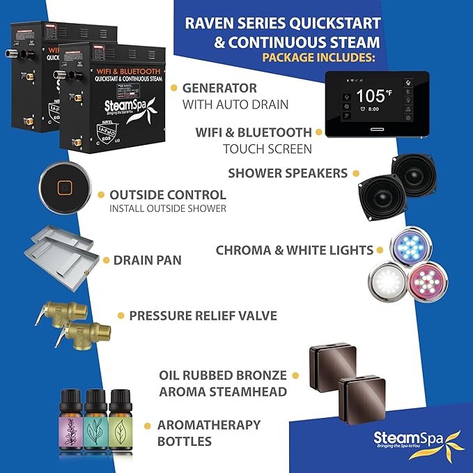 SteamSpa Steam System 18kW Steam Shower Generator with Bluetooth Wifi, Quickstart Continous Steam, Advanced Touch Pad Screen, Chroma Lights, Drain Pan and Auto Drain Oil Rubbed Bronze RVBS1800ORB-A