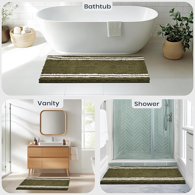 PURRUGS Bathroom Rug Non-Slip Machine Washable 20" x 30", Super Absorbent and Quick Dry Shaggy Microfiber Bath Mat, Extra Soft and Plush Bath Rug for Bathtub, Shower and Sink, Olive Green