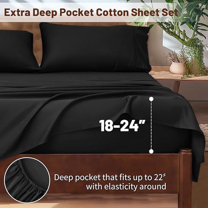 Extra Deep Pocket Queen Sheets 18-24 Inch 1000 Thread Count 100% Egyptian Cotton Sateen Weave Soft Breathable 4 Pieces（Queen,Black）