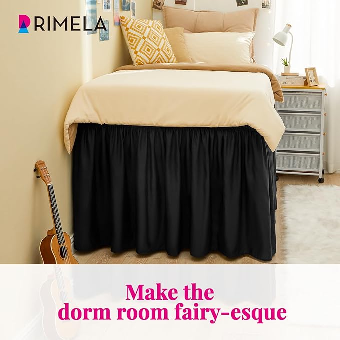 RIMELA Black Bed Skirt Twin 32 Inch Drop Silky Luxurious Fabric, Wrinkle and Fade Resistant with Adjustable Elastic Belt Easy to Install Machine Washable Dust Ruffles Bedskirt for Matress Box Spring