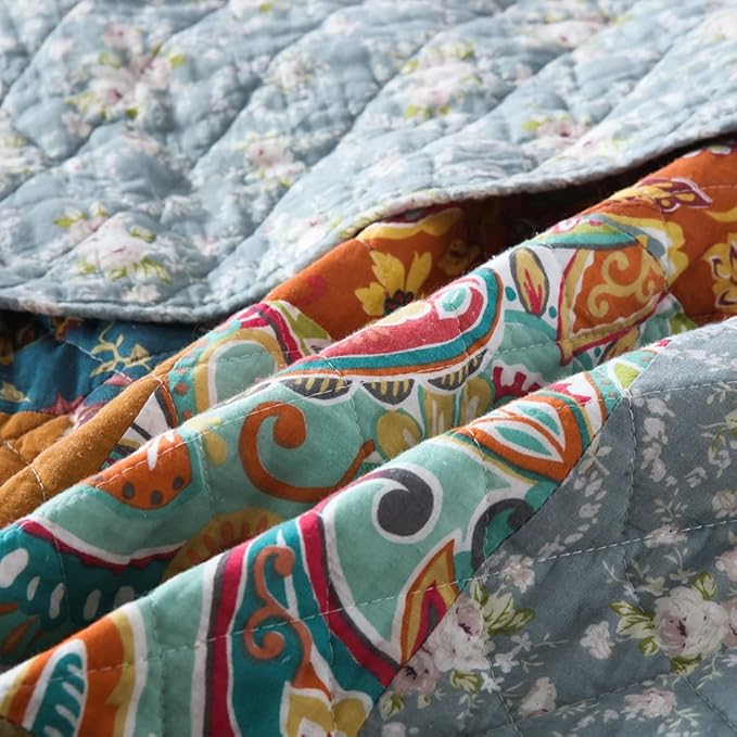 Cotton Bedspread Quilt Bedding Sets 3 Pieces Reversible Coverlet Sets Comforters Luxury Paisley Floral Patchwork Brown Bedspread, King Size