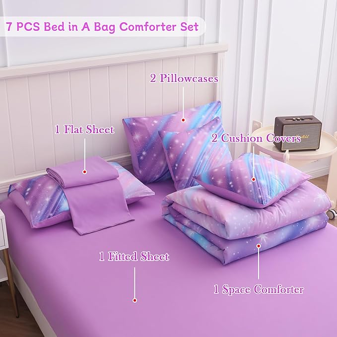 Rainbow Bedding Set Twin Size – 7 Piece Reversible Girls Comforter with Deep-Pocket Sheet, Gradient Galaxy Design, Whole-Piece Filling, Machine Washable Bed-in-a-Bag for Kids Room Makeover & Gifts