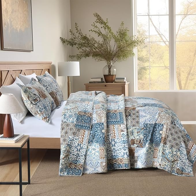 ENASAL Cotton Bedspread Quilt Bedding Sets Reversible Coverlet Comforters Blue Bohemian Rustic Floral Patchwork Pattern Bedspread for All Season,Queen Size