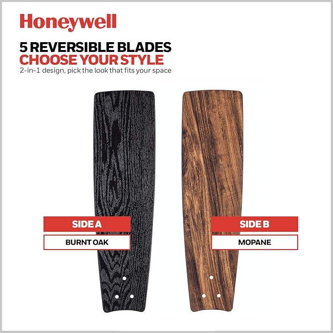 Honeywell Ceiling Fans Carnegie Industrial 52 Inch Ceiling Fan with Light, Remote Control Fan, LED Indoor Fan with 5 Blades, Black Oak and Brown Mopane Blade Finish Options, Copper (51459-01)