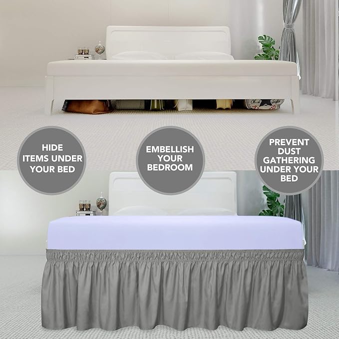 PureFit Wrap Around Ruffled Bed Skirt with Adjustable Elastic Belt - 22 Inch Drop Easy to Put On, Wrinkle Free Bedskirt Dust Ruffles, Bed Frame Cover for Twin,Twin XL and Full Size Beds, Gray