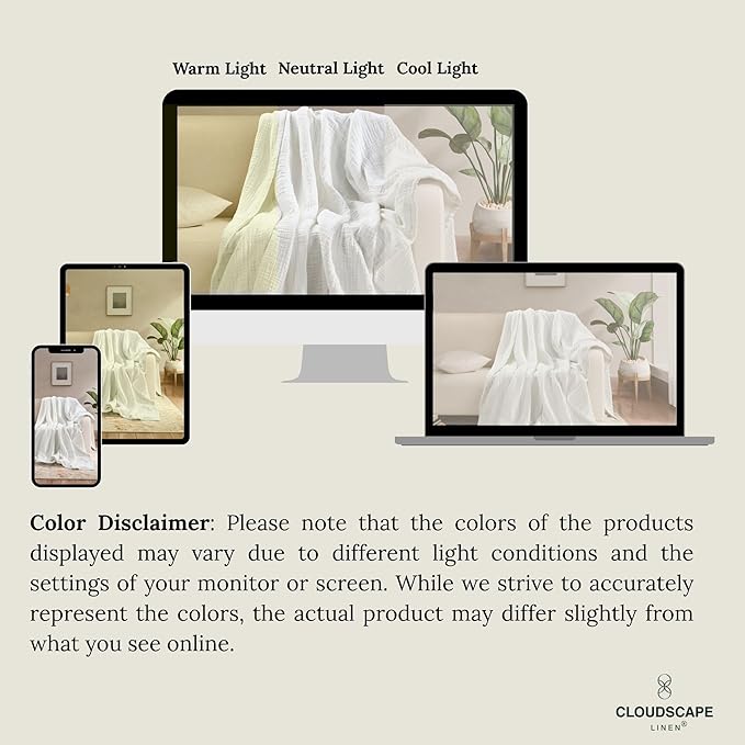 Cloud Scape Linen 8-Layer Muslin Blanket Queen Size - 100% Cotton, Soft and Breathable, Oversized Winter Blanket, Fits up to Full Size Bed, 92x92, White