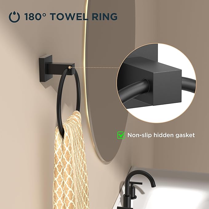 FORIOUS Toilet Paper Holder Wall Mount and Hand Towel Ring Set, SUS 304 Stainless Steel Double Post Pivoting Tissue Roll Holder, Modern Bathroom Hardware Accessories Set, Matte Black